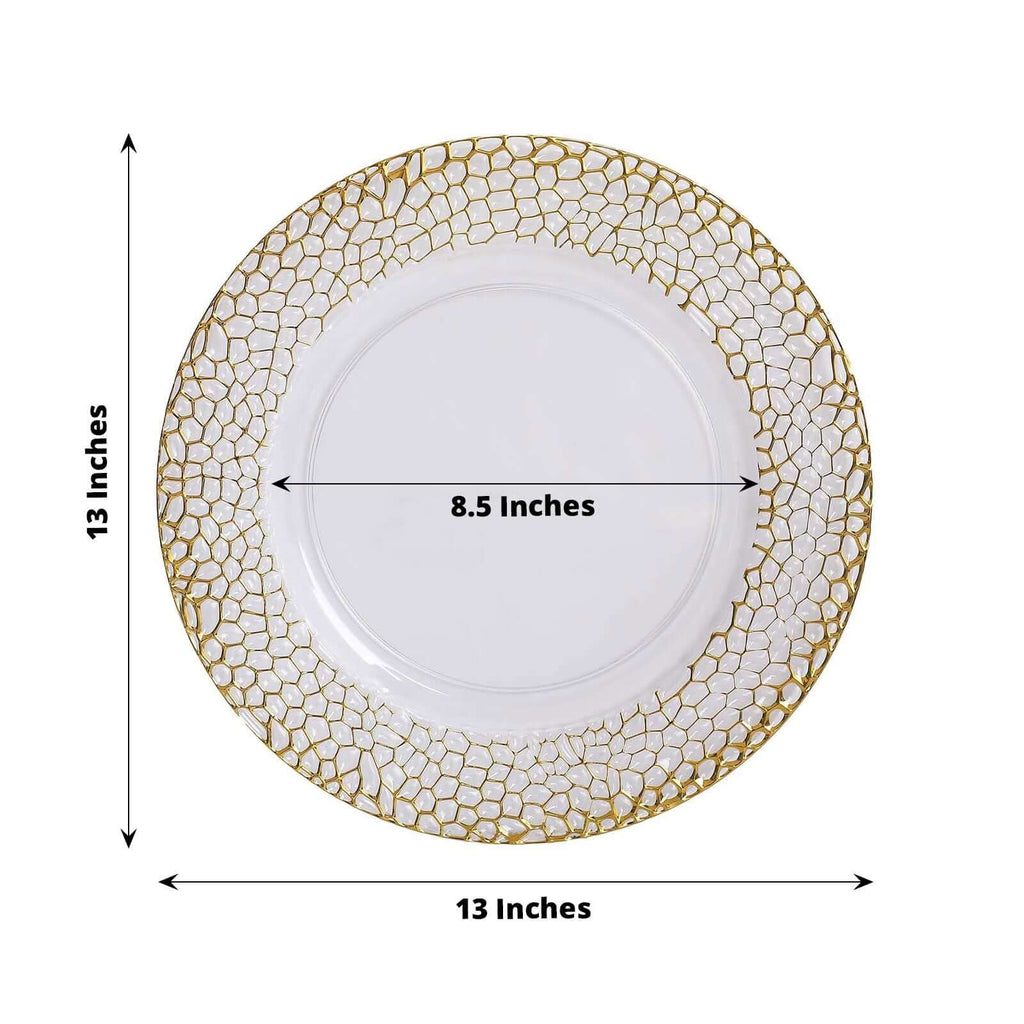 6-Pack Acrylic Charger Plates 13" Round Clear with Gold Hammered Rim - Decorative Plastic Charger Tableware